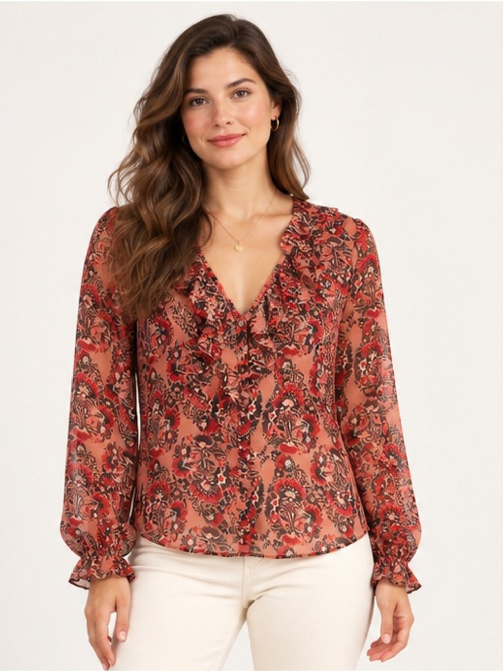 Boden Fall Peach Feminine Boho Cottagecore 70’s Ruffle V-Neck Blouse Size 10